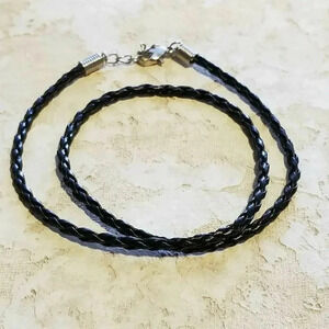 Black Vegan Faux Leather Woven Bola Braided Cord 18 Inch Long Necklace